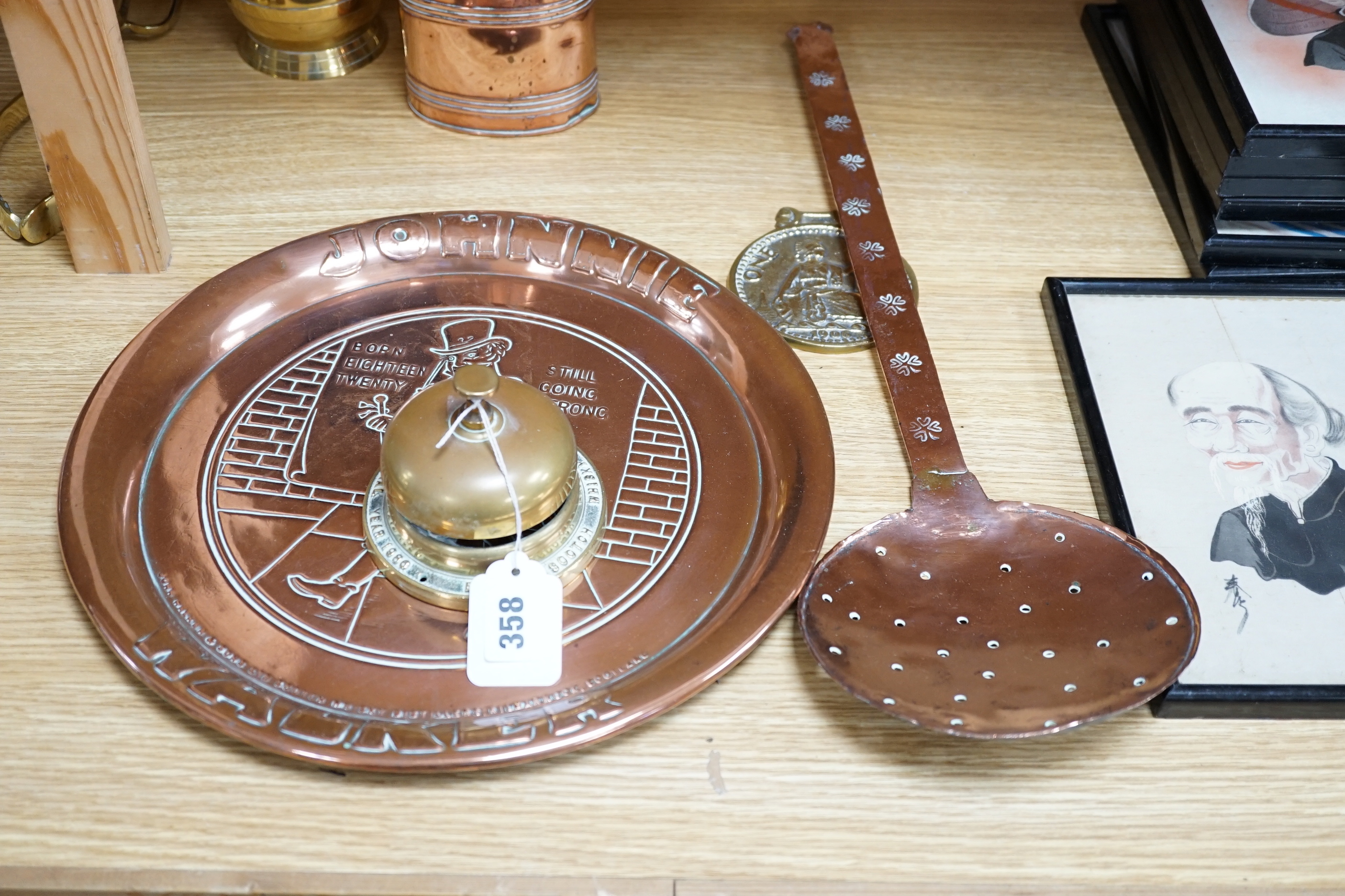 A Bells scotch whiskey table bell and Johnnie Walker copper advertising dish, old keys, graduated tankards, 18th/19th century copper milk skimmer, a cornet, etc. (13)